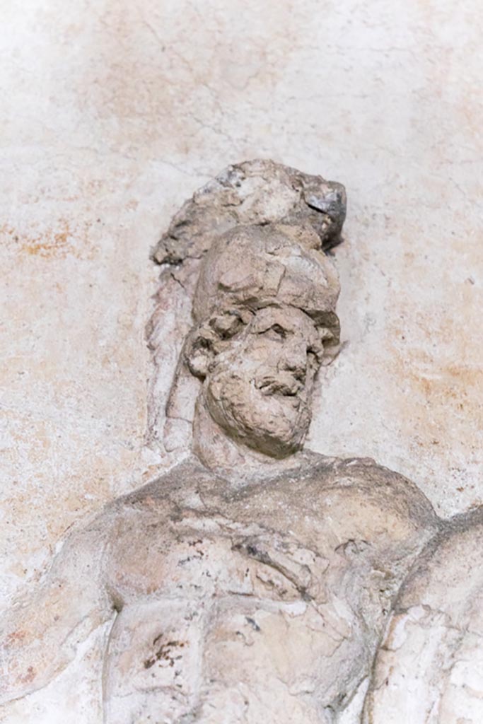 Herculaneum Suburban Baths. October 2023.
Detail of stucco warrior from south end of east wall. Photo courtesy of Johannes Eber.